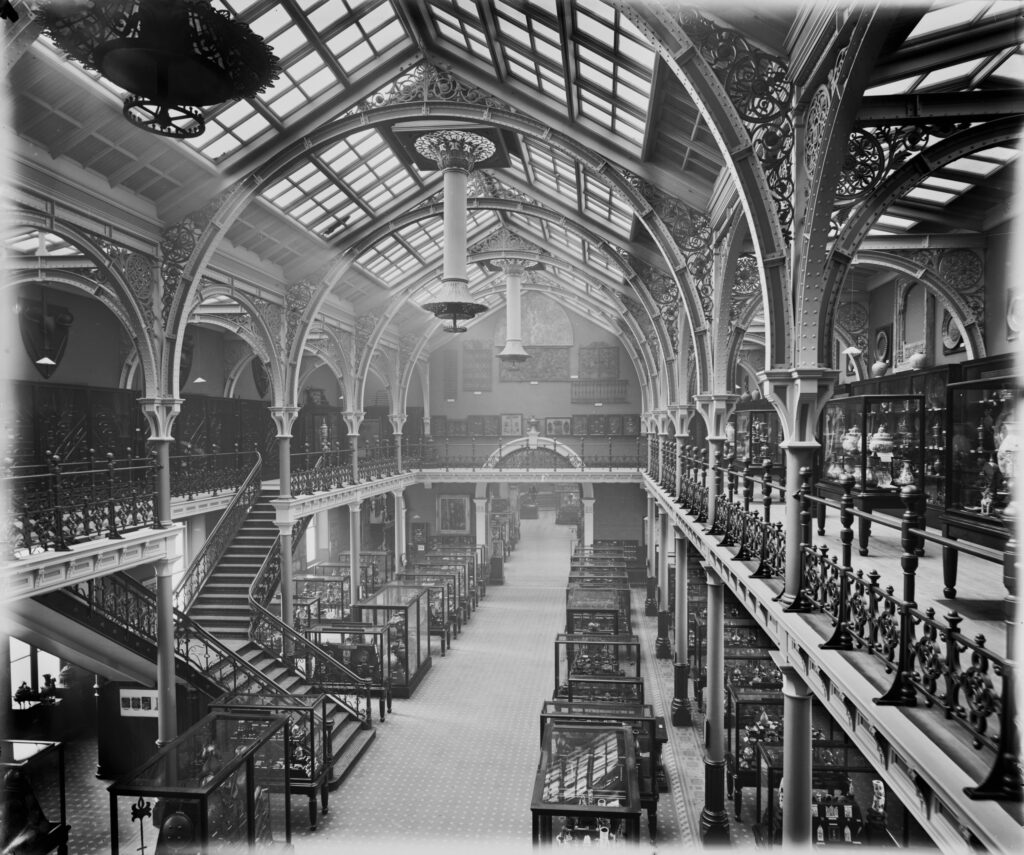 Black and white photograph of the The Industrial Gallery at Birmingham Museum and Art Gallery