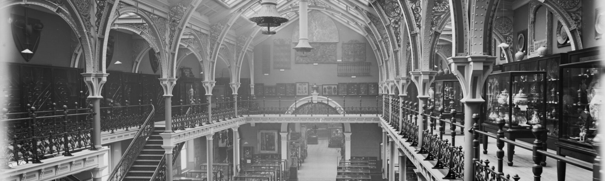 Black and white photograph of the The Industrial Gallery at Birmingham Museum and Art Gallery