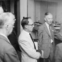 Black and white photograph of ICOM officials visiting the Swedish Postmuseum