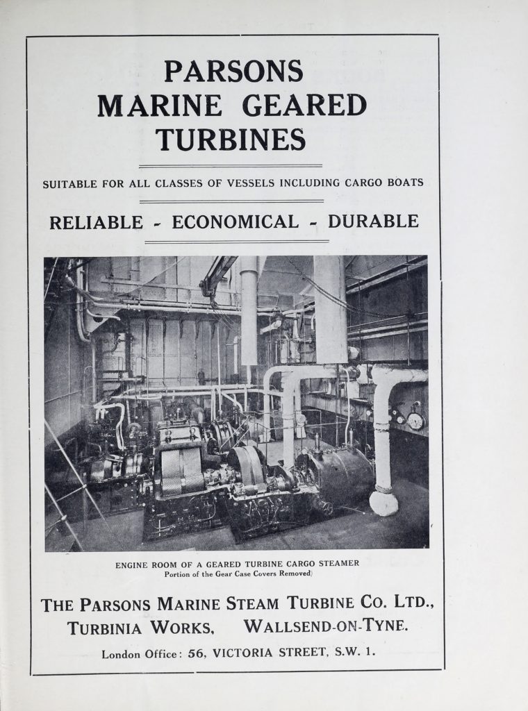 Magazine advertisement for Parsons marine geared turbines