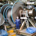 Colour photograph of a low pressure turbine rotor at Cottam Power Station