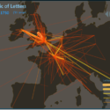Computer generated image showing the main routes of mail communication in Europe in the eighteenth century
