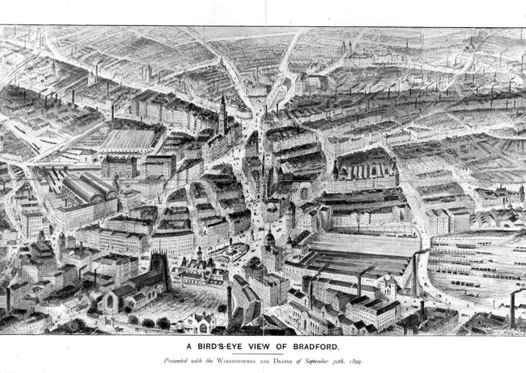 Map showing birds eye view of Bradford from 1899