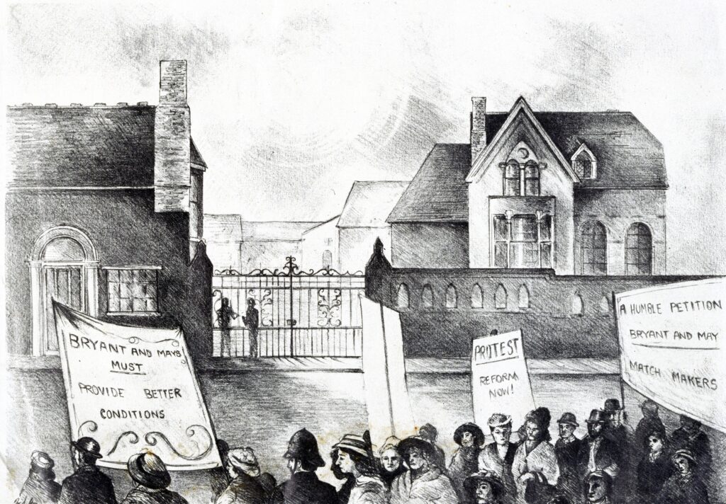 Photomechanical reproduction circa 1900 depicting a lockout at Bryant and Mays factory with peaceful demonstration. Grosvenor Prints