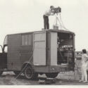 Black and white photograph of Shirley Jenkins and another member of the RAE infrared group operating the trials vehicle in 1970s