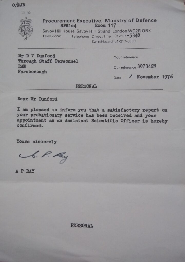 David Dunfords letter of appointment as an Assistant Scientific Officer