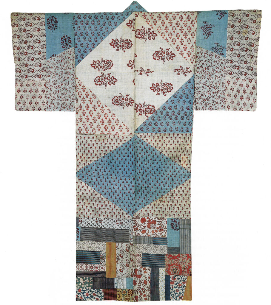Colour photograph of a Kosode underrobe patchwork of Indian and other cotton cloths