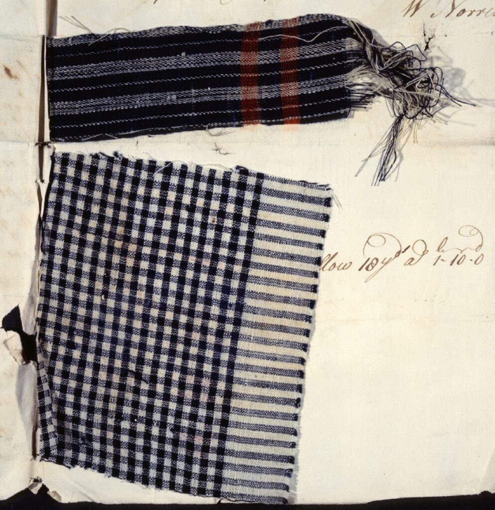 Colour photograph of swatches of Blackburn cloth made for the West African market