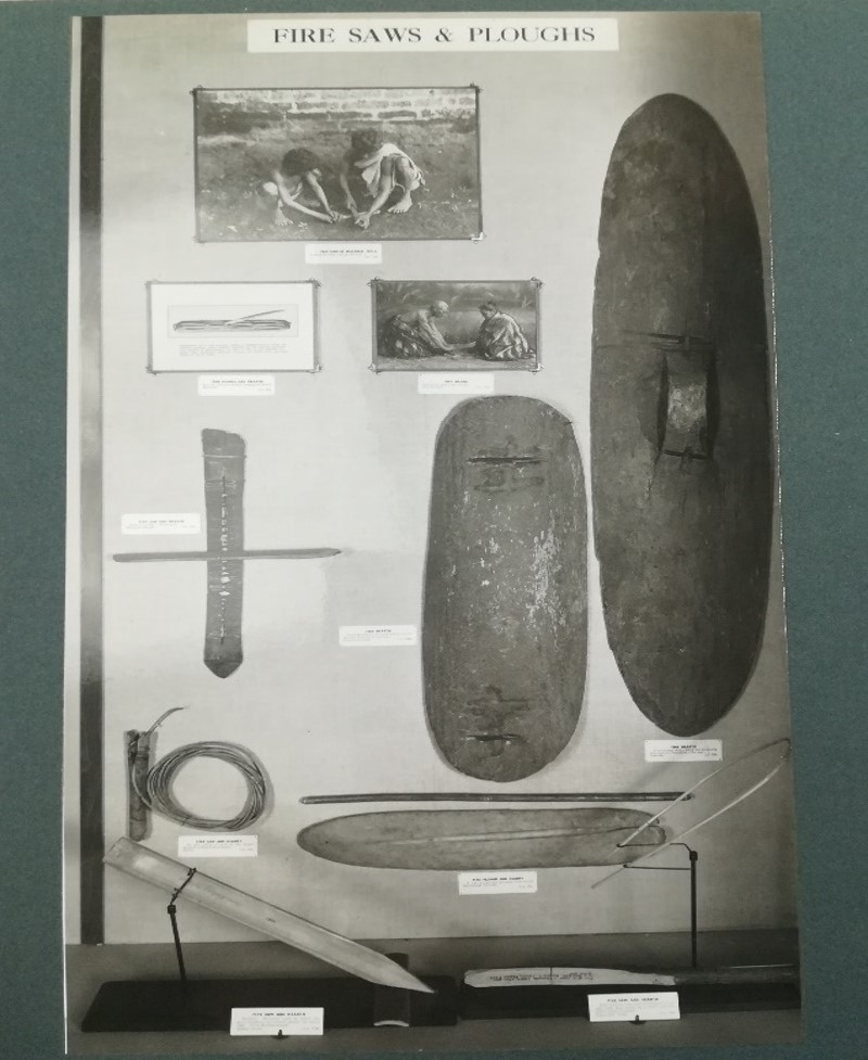 Undated photograph of the FIRE SAWS & PLOUGHS display showing the shield on the right at the Bryant and May Museum of Fire Making Appliances