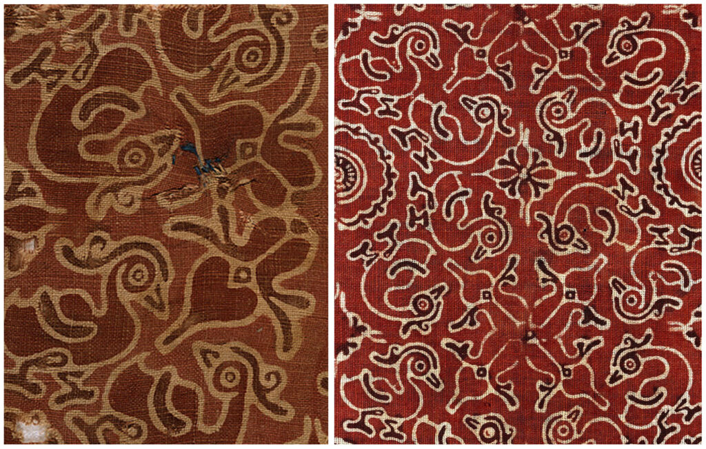 Close up detail of a sample of Gujarati block printed cotton excavated from Egypt and Close up detail of cotton ceremonial cloth made in Gujarat