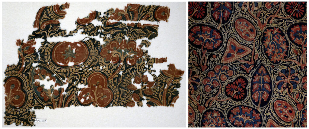 Colour photograph of a sample of Gujarati block printed cotton excavated from Egypt and Colour photograph of a cotton ceremonial banner made in Gujarat for Indonesian market