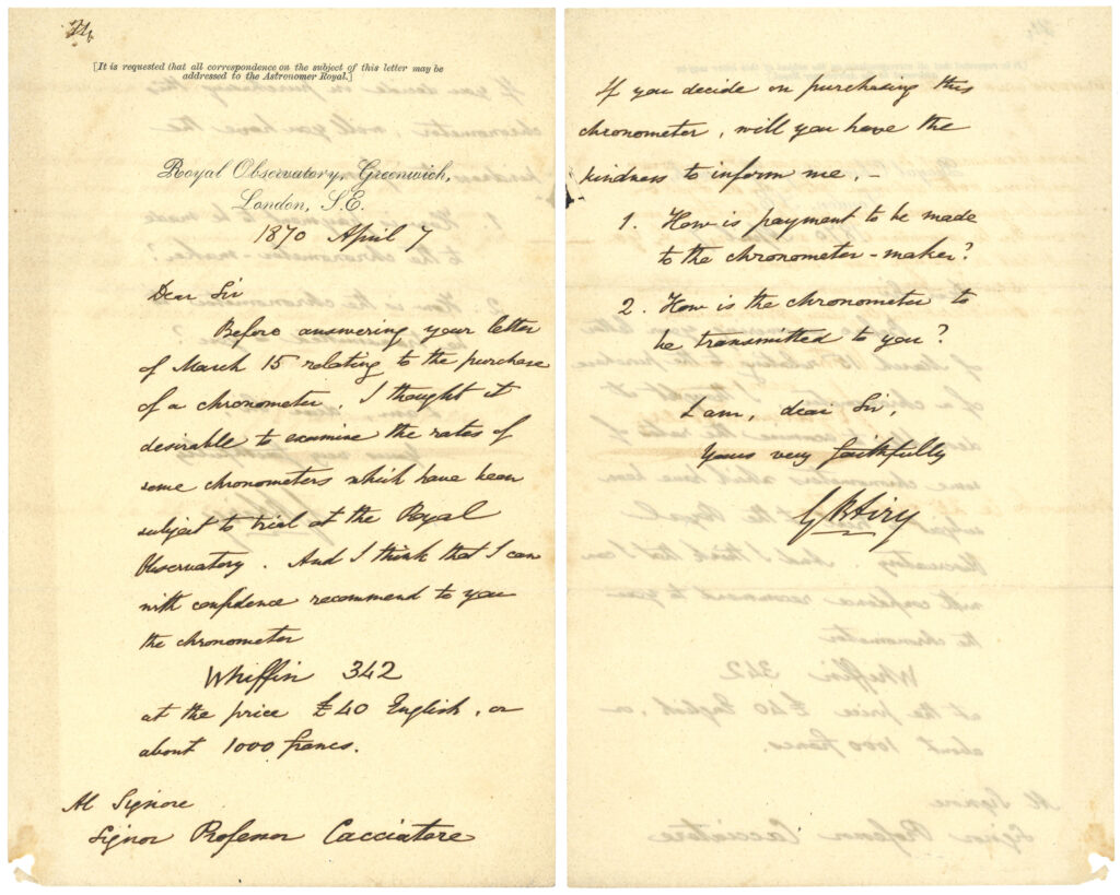 Handwritten letter from G B Airy to G Cacciatore from April 1870