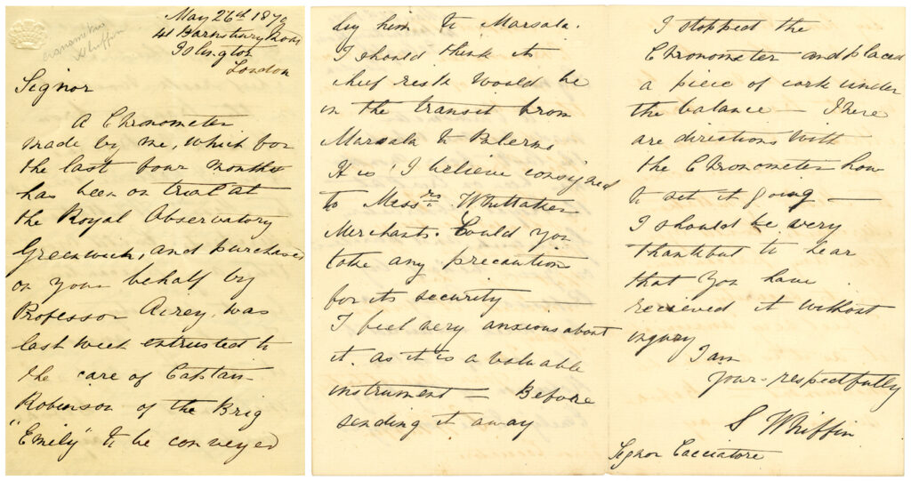 Handwritten letter by Whiffin to Cacciatore from 1870