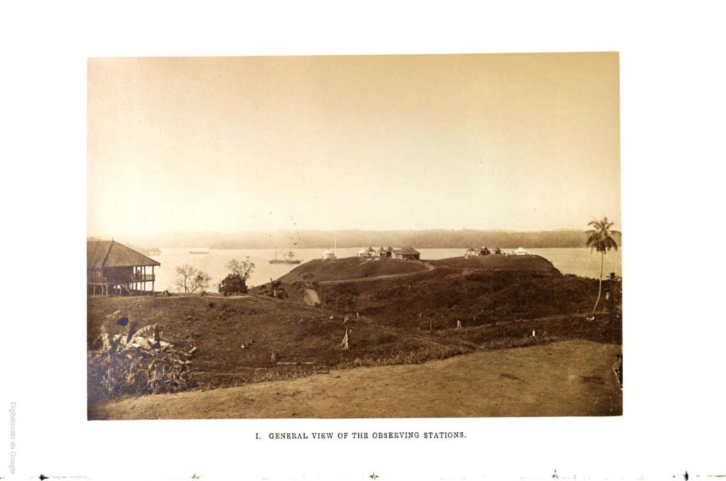 Sepia photograph of the astronomical station at Camorta Nicobar Islands from 1875