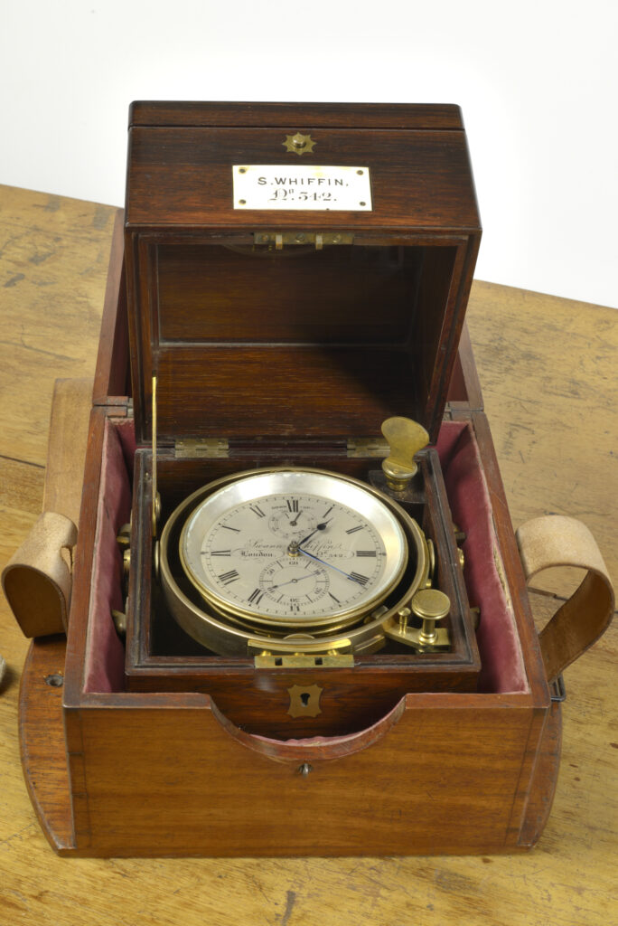 Photograph of the Whiffin chronometer inside its travel box