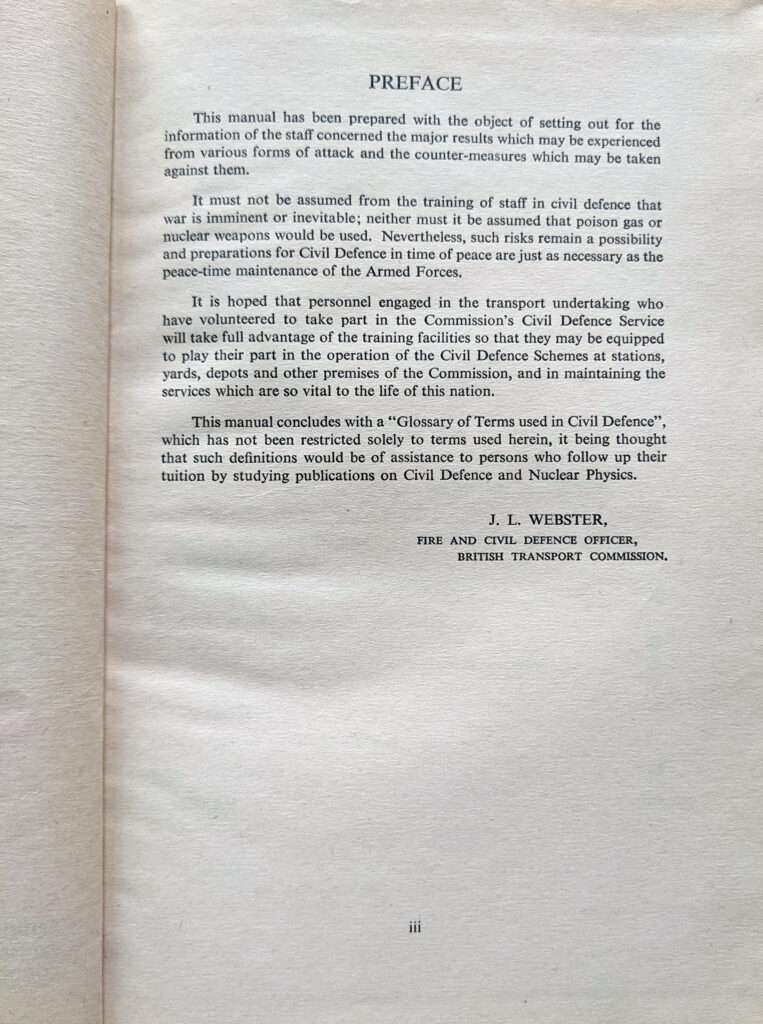Photograph of the preface to British Transport Civil Defence Training Booklet