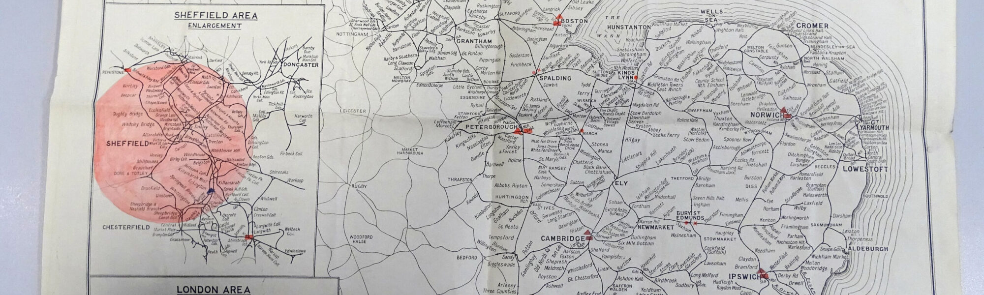 Photograph of a map of Eastern England showing expected areas of destruction after an explosive attack