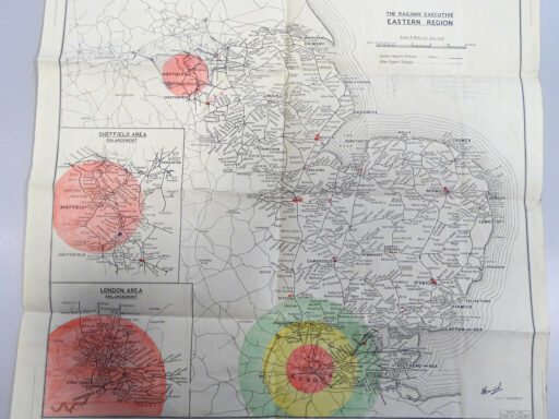 Photograph of a map of Eastern England showing expected areas of destruction after an explosive attack