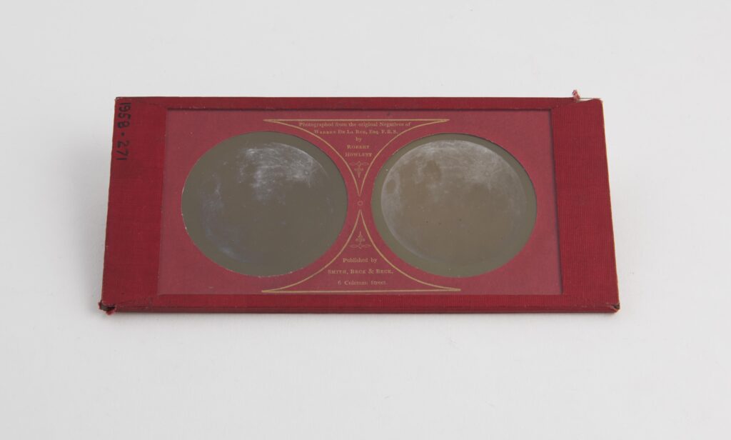Colour photograph of a stereo transparency made from Warren De La Rues photographs of the Moon