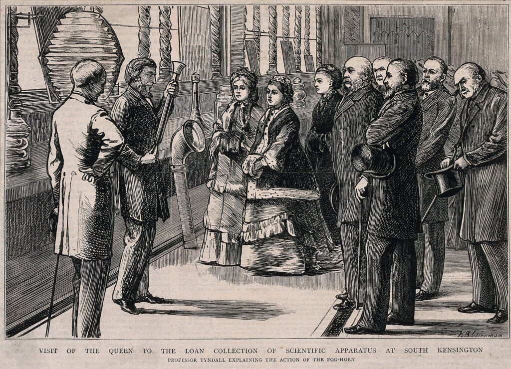 Wood engraving of a visit of the Queen to the Loan Collection of Scientific Apparatus