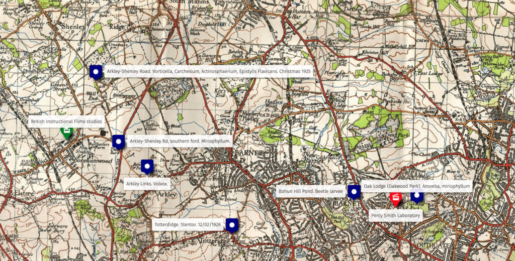 Map showing the different locations in North London where Percy Smith collected specimens for microscopic film work