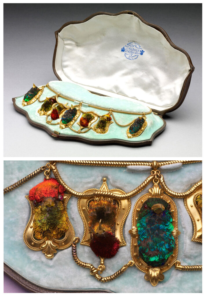 Colour photographs of an ornate necklace made of gold and the heads of hummingbirds