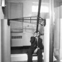 Black and white photograph of Jim Bennett with Halleys Transit Instrument circa 1977