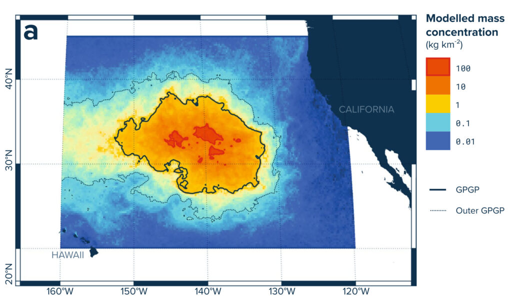 Computer model of the Great Pacific Garbage Patch in August 2015