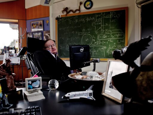 Colour photograph of Stephen Hawking in his office