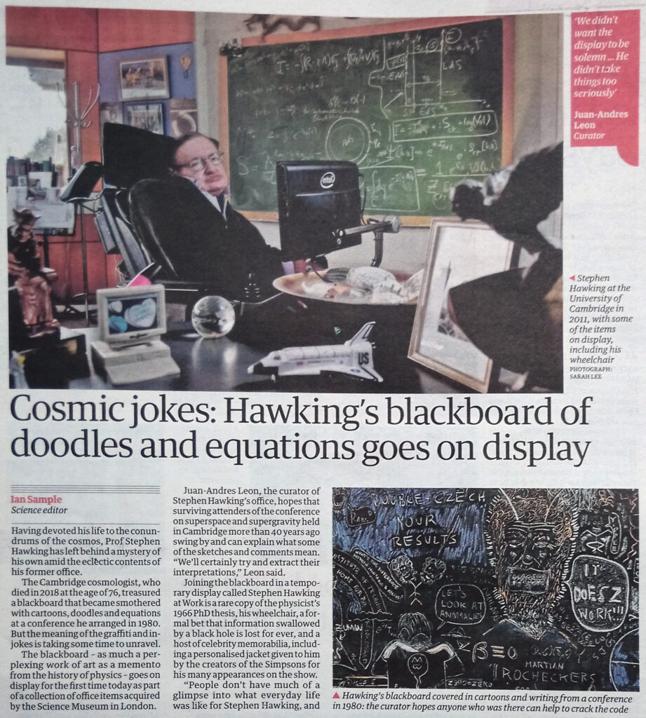 An article in the Guardian newspaper about Stephen Hawkings blackboard