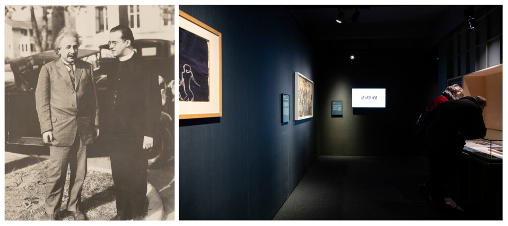 Photograph of Albert Einstein and Georges Lamaitre and a colour photograph of an exhibition