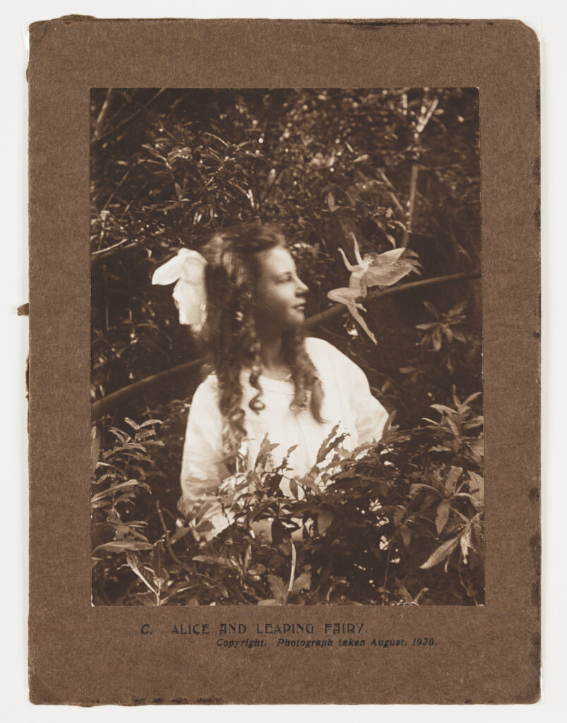 Photograph of a young girl turned to her left looking at a fairy. She is wearing a white dress and white bow. The fairy is two-dimensional and has been made out of paper. They are set against a woodland background. The photograph has been pasted to a brown cardboard background, on which has been printed 'C. Alice and Leaping Fairy'