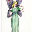 Watercolor of a fairy with purple and pink wings, blonde hair, and a short-sleeved long green dress.