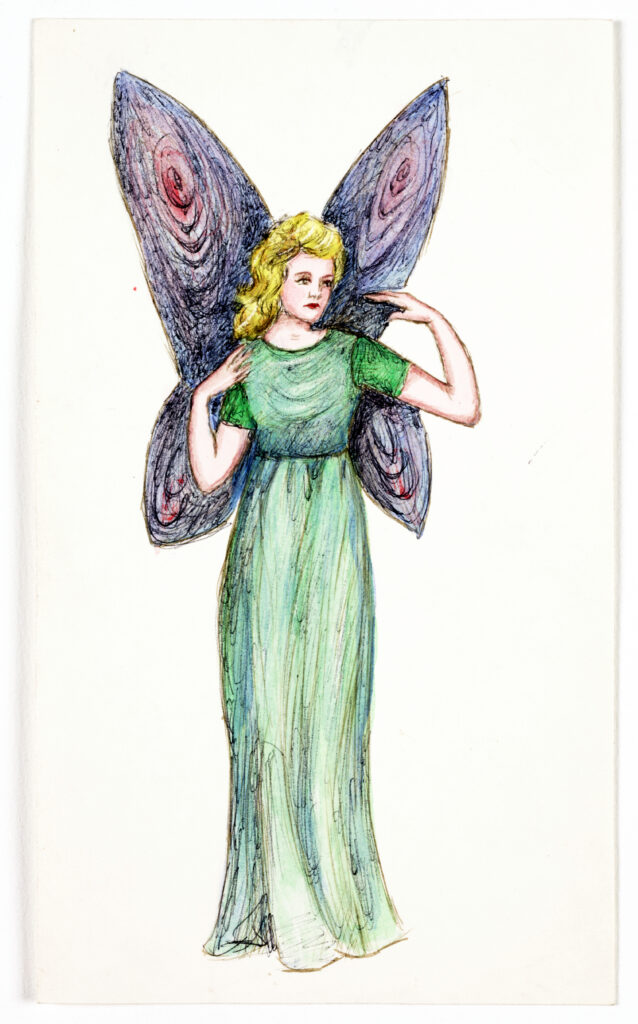 Watercolor of a fairy with purple and pink wings, blonde hair, and a short-sleeved long green dress.