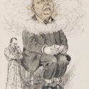 Comic of an older man with clouds around his head looking up at the sky. He is chained by his feet to a much smaller man standing next to him in a robe with a pipe and a thoughtful, angry expression. These are presumably Sir Arthur Conan Doyle and his notably analytical character, who has been chained to him despite Conan Doyle's head being metaphorically in the clouds.