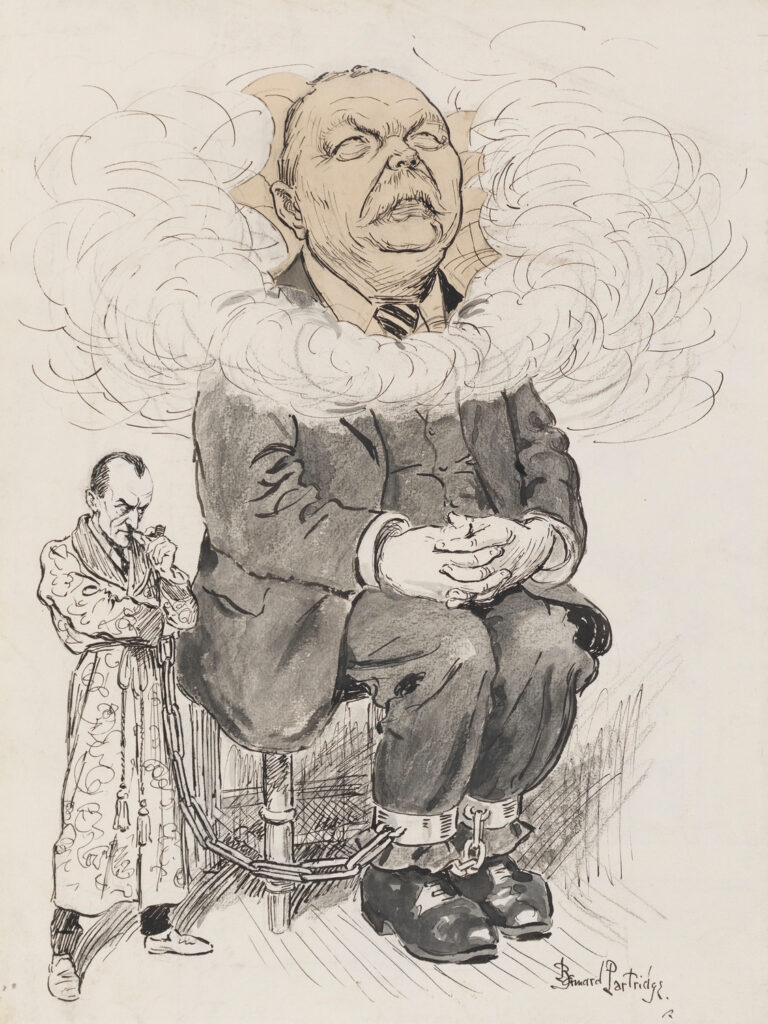 Comic of an older man with clouds around his head looking up at the sky. He is chained by his feet to a much smaller man standing next to him in a robe with a pipe and a thoughtful, angry expression. These are presumably Sir Arthur Conan Doyle and his notably analytical character, who has been chained to him despite Conan Doyle's head being metaphorically in the clouds.