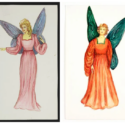 Images of blonde fairy with blue wings in pink dress and strawberry blonde fairy with green wings in orange dress.