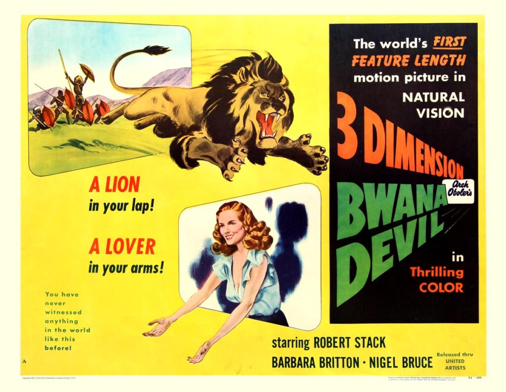 Image of a movie poster for the movie 'Bwana Devil' with a lion and a woman.