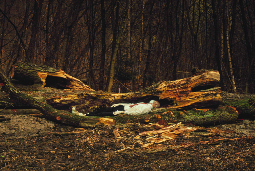 Image of a fragmented fallen tree, in which a man in a white shirt and black trousers lies as though asleep or unconscious. He wears a surgical mask. In the background is a dark forest.