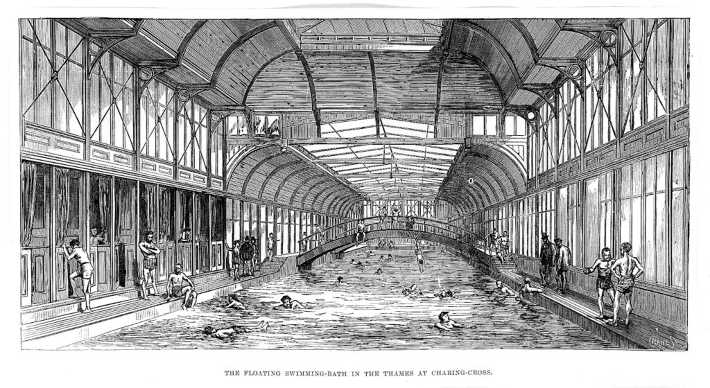 Image of a swimming bath in the Thames, ink-drawn, with men on either side speaking to each other and a bridge at the center. People swim throughout.