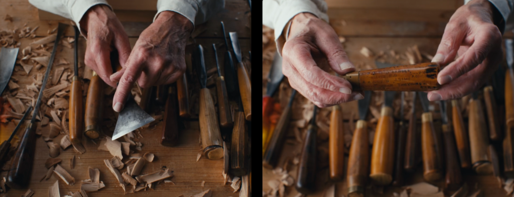 Two images of a man's hands holding wood carving tools.