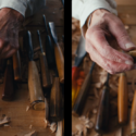 Two images of a man's hands holding wood carving tools.