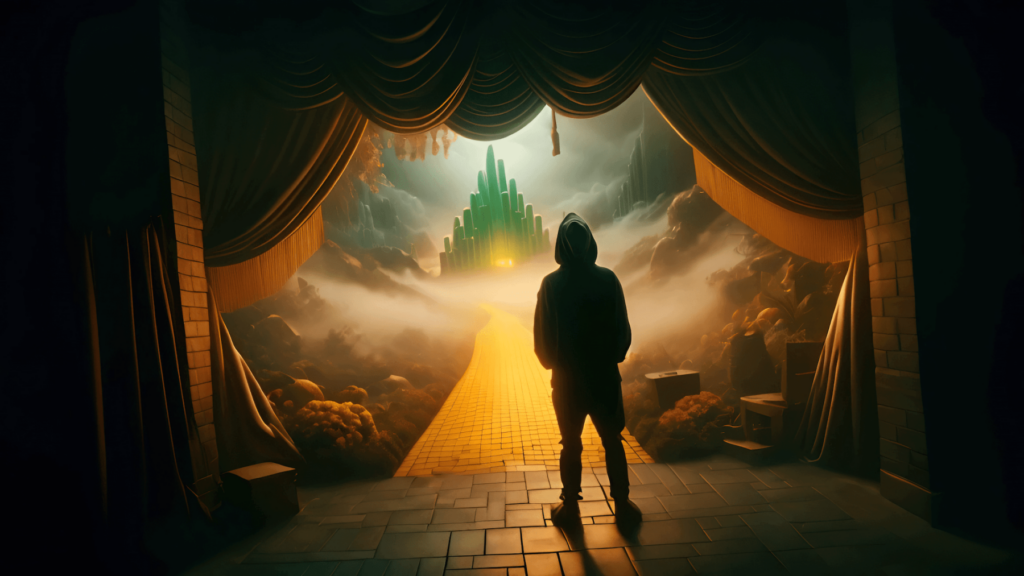 Image of a man in a hoodie from the back facing the Emerald City of Oz at the other end of the Yellow Brick Road. Curtains separate him from the road, as though he is about to step onstage.