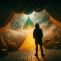 Image of a man in a hoodie from the back facing the Emerald City of Oz at the other end of the Yellow Brick Road. Curtains separate him from the road, as though he is about to step onstage.