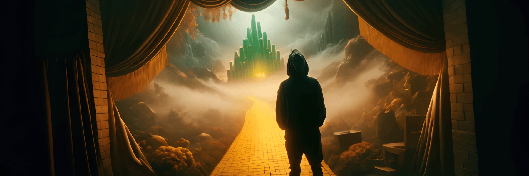 Image of a man in a hoodie from the back facing the Emerald City of Oz at the other end of the Yellow Brick Road. Curtains separate him from the road, as though he is about to step onstage.