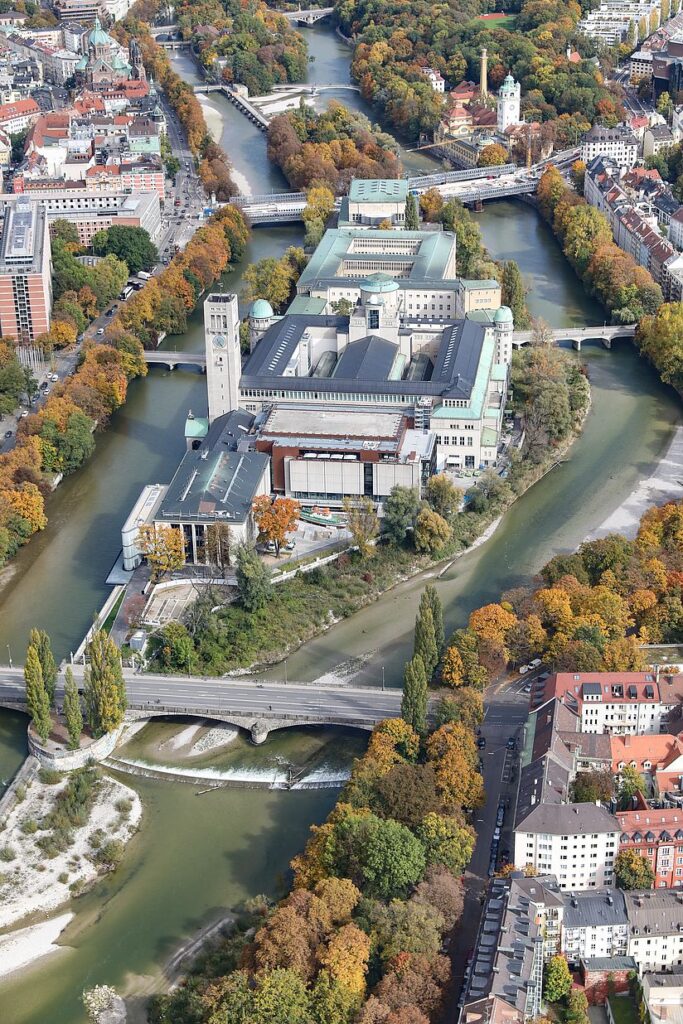 Museum from above, with river Isar on both sides. The surrounding trees are autumnal.