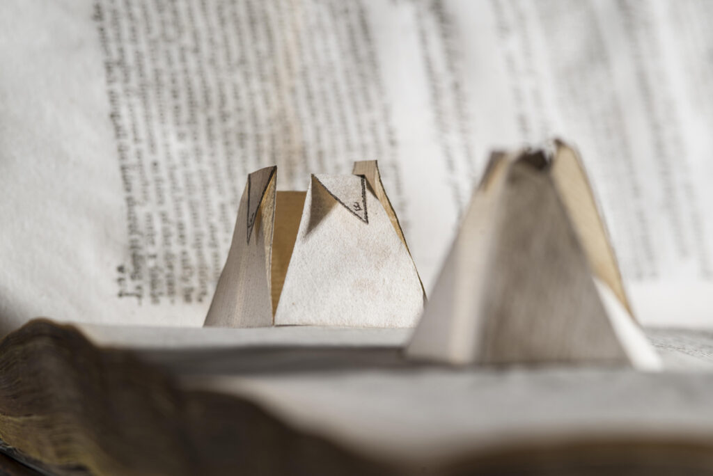 Colour photograph of an old book showing geometric shapes in high relief