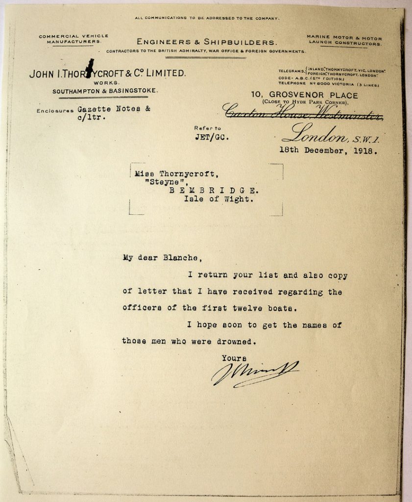 A letter from John to Blanche Thorneycroft in response to her enquiry as to the fate of boat crewmen