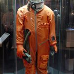 Colour photograph of the soviet SK1 ground training space suit on display at the memorial museum of space exploration