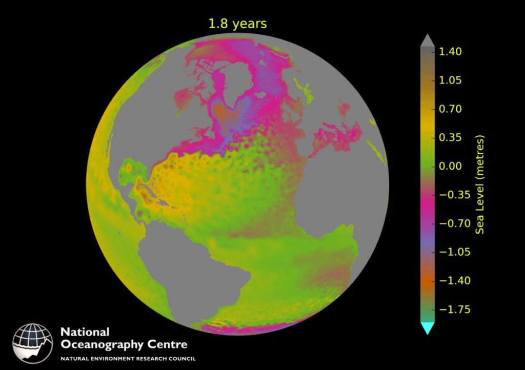A computer generated model simulating the movement of the water and sea level across ocean currents